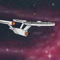 A full colour image of what is, basically, the starship Enterprise from Star Trek: The Original Series. It's pale grey, consisting of a saucer-shaped primary hull, connected by an angled stem to a cylindrical drive section, from which protrude two tubular engines, held parallel to the saucer by angled struts. The engines have glowing, reddish tips and the drive section has a concave, metallic, bronze dish at its front with a small antenna in the centre. Atop the saucer section is a domed module that would ordinarily hold the bridge, but which in this instance has a smiling face on it. In the background is an expanse of dark blue space, speckled with stars, with a hazy, fuchsia nebula on the right side of the frame, spinning out gaseous streamers, all twinkling with stars.
