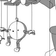 A spherical robot with jointed arms and legs and an antenna. It has strings attached to its hands, feet, and antenna bobble, leading up to a marionette cross-brace, which is manipulated by itself, rendered as a version some 50% larger hovering above it. Likewise, the robot has its own cross-brace and a 50% smaller version of itself is suspended from it, and so on and so on, presumably into infinity.