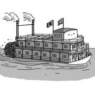 A robot in the form of a shallow-keeled paddle steamer, typical of those associated with river transport in the 19th-Century American South. It has two floors, with a little hut at the top which has the robot's face on it, two funnels and a number of paddle wheels to stern and is flying the flags of Tennessee and Switzerland. The top deck of the boat has some benches, while the other decks resemble columned verandas, with windows along each side.