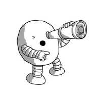 A round robot holding a telescope to one eye and pointing with its other hand, mouth open as if shouting a warning. The lens of the telescope reflects an image of Bigbot coming ashore.