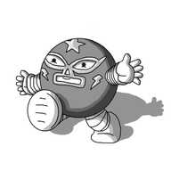 A smiling, spherical robot walking forward and waving. It is wearing a mask - which necessarily covers its entire body - in the style of a luchador (Mexican professional wrestler), with framed gaps for the eyes, mouth and nose (even though it hasn't got a nose), lightning bolts on the cheeks and a star on the forehead.