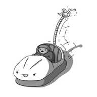 A robot in the form of a fairground bumper car (dodgem), zooming forward, with a curved front, a raised, padded seat and a thick, rubbery bumper around its base. On the back of the robot is a banded antenna that reaches right up above it, like the pole-mounted contact shoe that touches the ceiling on real bumper cars. The spherical end is glowing and throwing off sparks. The robot's face is on the front of the car, and it's grinning menacingly, while its human driver looks absolutely furious, crouching forward, mouth open as if shouting something.
