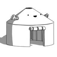 A robot in the form of a traditional Turkic yurt (or Mongolian ger): it's a cylindrical tent with a conical roof and a canvas door in the front, currently rolled up above the doorway, tied up with a loose strap hanging down to release it. Inside the robot's shadowy interior, wall struts are visible, and it has a hole at its apex, also with some struts showing. The robot's face is on the front of the cone, smiling happily, and it has two short, banded arms on either side of it.