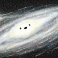 A drawing of a barred spiral galaxy, drawn in hazy pastels. The central bulge has a little smiling face on it, and there is also a much smaller satellite galaxy beside it, which has a face too and is asleep.