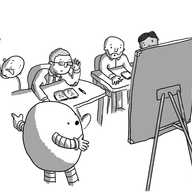 An ovoid robot stands beside a whiteboard facing away from the frame with an audience of four men sitting at desks and staring in disbelief and confusion at whatever is on the board. One man has his hand in the air and the robot is pointing to him as it looks at the board, mid-sentence.