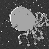 A huge, rounded robot with a cluster of writhing, banded tentacles at its base, each tipped with a clawed, shapeless hand floats in space. It has odd fins on its body and is looking balefully down at the tiny form of Spacebot drifting across its bulk.