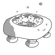 A robot in the form of a shallow, rounded tub of bubbling water with four short legs on the underside. It has a face on its front, making an expression of reassuring sympathy.