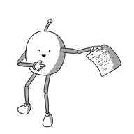 A round robot with jointed arms and legs, holding out a typed letter and pointing with its free hand as it winks cheekily at the recipient of the missive.