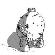 A battered, ovoid robot with banded arms and legs and a broken antenna, wearily clambering to its feet.