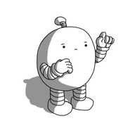 An ovoid robot with banded arms and legs and an antenna, holding one finger up in the air as if about to say something, while the other is hovering near its chin. It has a vaguely worried expression on its face.