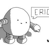 A chubby, rounded robot, pointing to an ant and saying "ERIC."