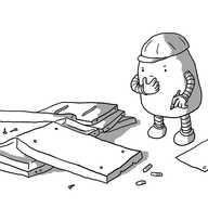 A rounded oblong robot with banded arms and legs musing over a pile of wooden panels, dowels, rods and screws. It is rubbing its chin thoughtfully as a pencil is poised in its other hand. At its feet is a sheet of paper that is blank aside from the number 1 near the top. The robot also wears a hard hat.