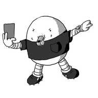 An ovoid robot wearing a black t-shirt with a breast pocket and a watch on its wrist.It is holding up a card in one hand and pointing away from itself with the other while it blows into a whistle and makes an angry face. It's also wearing football boots.