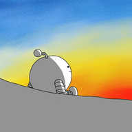 A spherical robot with banded arms and legs and a zigzag antenna sitting and smiling on a hillside. The background consists of a variegated sky, moving from dark blue, through to light blue, pale yellow, yellow, orange and finally red.