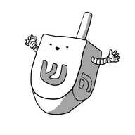 A robot in the form of a traditional Jewish dreidel toy. It has a happy face on the side with the Hebrew ש‬ ('shin') and arms on the adjacent faces. The only other side visible is ה‬ ('hei').