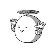 A spherical robot held aloft by a propeller on its top, sticking out its tongue and screwing its eyes shut while it holds its hands up to its ears and waggles its fingers.
