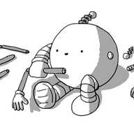 A spherical robot that is switching its limbs between chubby, banded ones and slim, jointed ones. It currently has three banded limbs and is holding a jointed arm, either moving it towards or away from the open arm port on its side. The spare limbs lie around it on the floor, as well as a selection of antennae that might replace its currently coiled one.