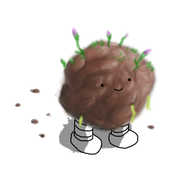 A smiling robot in the form of a roughly spherical clod of earth, with two banded legs. A number of purple flower buds have pushed their way out of its top, and some roots hang down from its underside. It also has a couple of small patches of sparse grass here and there.