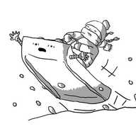 A robot in the form of a simple toboggan with two banded arms on either side, flying off a snowy bank and into the air. A smiling child, heavily wrapped in winter clothing, scarf and pigtails flying behind her, rides it. The robot, for its part, looks completely terrified and is flailing its arms wildly.