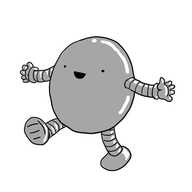 An ovoid robot with banded arms and legs, drawn to appear covered in a reflective material like chrome. It's holding out its arms and one leg, smiling widely as if showing off.