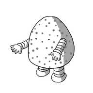 A round-topped robot with banded arms and legs, with its body covered by dots if various sizes. The robot is holding out its arms and making an 'oooh' face as it looks down at itself.