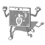A robot in the form of a slim rectangle on its end, with jointed arms and legs attached. Most of its front surface is taken up by the image of a couple on their wedding day.