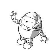 A round robot with banded arms and legs, wearing a hijab and cheerfully offering a pin.