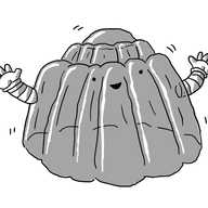 A robot in the form of a traditional moulded jelly with two little arms on either side. It's shaking happily.