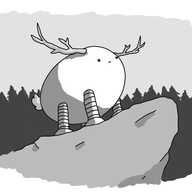 An ovoid, quadrupedal robot with banded legs, a tufty tail and wide, deer-like antlers. It's standing on a rocky promontory against a backdrop of dark pine forest, looking out sternly.