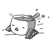 A robot in the form of a wide coffee mug with caterpillar tracks on the bottom. It is veering out of control as it zooms around with a frantic expression on its face and bared teeth, with coffee spilling out of the top.