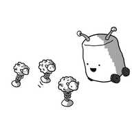 Sleepbot - a cylindrical, wheeled robot with two antennae - watches delightedly as three much smaller robots in the form of little fluffy balls with stylised sheep's heads bounce by, each on a single large spring with one round foot at the end.