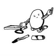 An ovoid robot kneeling beside some items: a lipstick, a pen, a hairband and a remote control. It is speculatively holding up a paperclip with a hopeful look on its face.