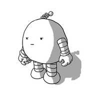 A round robot with banded arms and legs and a curly antenna narrowing its eyes suspiciously.