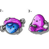 Four stages of a blue, grumpy robot with a rounded top and banded arms and legs being turned inside out to reveal another identical purple, happy robot.