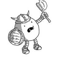 An ovoid robot with banded arms and legs  wearing a horned helmet, carrying a battered shield and angrily waving a notched axe. Its feet are wrapped in cloth with crude leather straps and it sports a pair of vicious tusks.