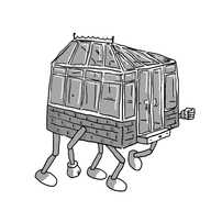 A robot in the form of a conservatory with a bricked lower section. It has four jointed legs on its underside, jointed arms on either side and a smiling face on a step before a set of French doors on its front.