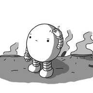 A round robot with banded arms and legs, scratching its head with a confused look on its face while it stands in the midst of a ruinous, cratered battlefield.