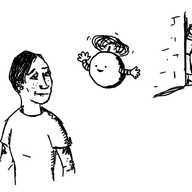 A spherical robot held aloft by a propeller on its top with little arms hovers beside a person walking by who is looking up at it with interest. In the background, another person peeks out nervously from around a corner