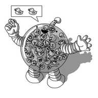 A robot in the form of a transparent sphere, filled with jostling, numbered balls. It has banded arms and legs and an antenna and is holding up the number 22 ball, while a speech bubble coming from its mouth depicts two little ducks.