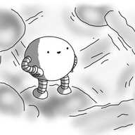 A round robot with banded arms and legs, hands on its hips, smiling at the scene around it: a fuzzy landscape of interconnected spheres, vibrating with energy.