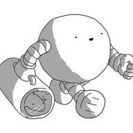 A spherical robot with banded arms and legs walking along holding a cylindrical container that has a glass porthole at one end. Inside, a fish is floating in water, looking out through the porthole.