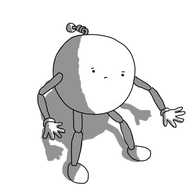 A spherical robot with jointed arms and legs, looking down at its arms uncertainly.