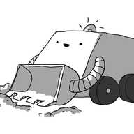 A robot shaped like a cuboid with an angled front face. It's on wheels and has a little warning light flashing on its top as well a large, toothed scoop at the front held in place by a pair of banded struts, like robot arms. It's just attacking several piles of dirt and looks very happy about it.