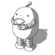 An ellipsoid robot with banded arms and legs and a zigzag antenna. It's holding out one hand and jabbing the palm with the index finger of its other as it gives a stern look.