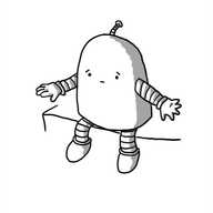 A rounded robot sitting with its legs dangling over the edge of a surface, holding out one hand with an expression of sympathy on its face.