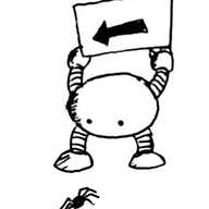 An ellipsoidal robot staring at a spider and holding above its head a sign with a big arrow. The menacing arachnid obediently follows the arrow.