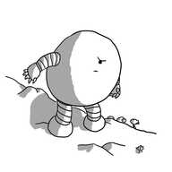 An ovoid robot with banded arms and legs and a single, central eye, standing on a rocky slope and angrily looking down at a pyramidal Mischiefbot. Three Sheepbots are visible in the background.