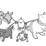 A round-topped robot with banded arms and legs and an antenna desperately holds onto the leashes of four rambunctious dogs. One big one is rearing up to paw and something, a little angry one is growling, a dopey one with big ears is chasing something with its tongue hanging out, and one is literally airborne, flipping over as it happily hurls itself skyward. The robot looks utterly terrified.