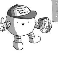 A spherical robot with banded arms and legs, looking towards the frame and giving a thumbs up. It's wearing a cap that reads "smolrobots on: Patreon Redbubble" and is holding a can of "Legacy Cola". Behind it is a poster showing the cover of the Small Robots book.