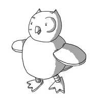 A robotic owl with hinged wings and banded legs ending in flattened taloned feet. It looks vaguely angry.